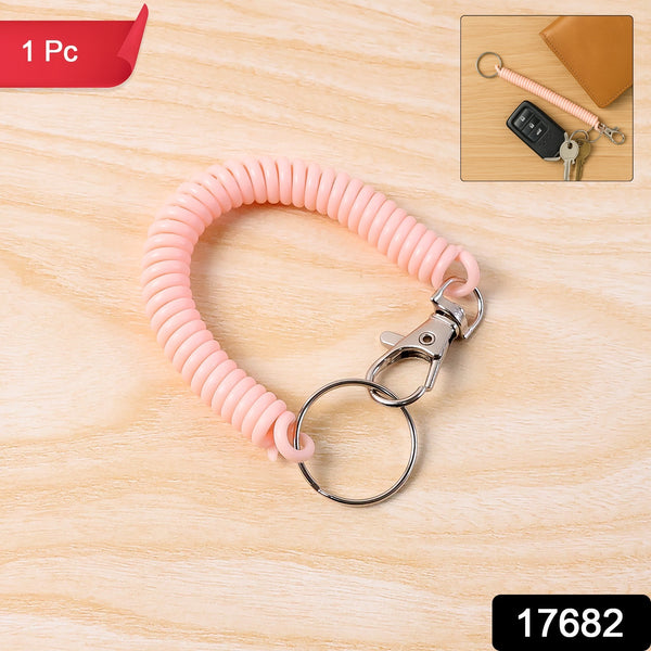 Elastic Spiral Coil Keychain Bracelet With Metal Key Ring And Clip Hook (1 Pc)